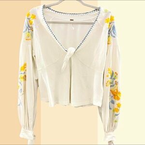 Free People Embroidered Boho Peasant Top XS White